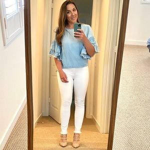 Boxy denim top with ruffle sleeves, scoop back